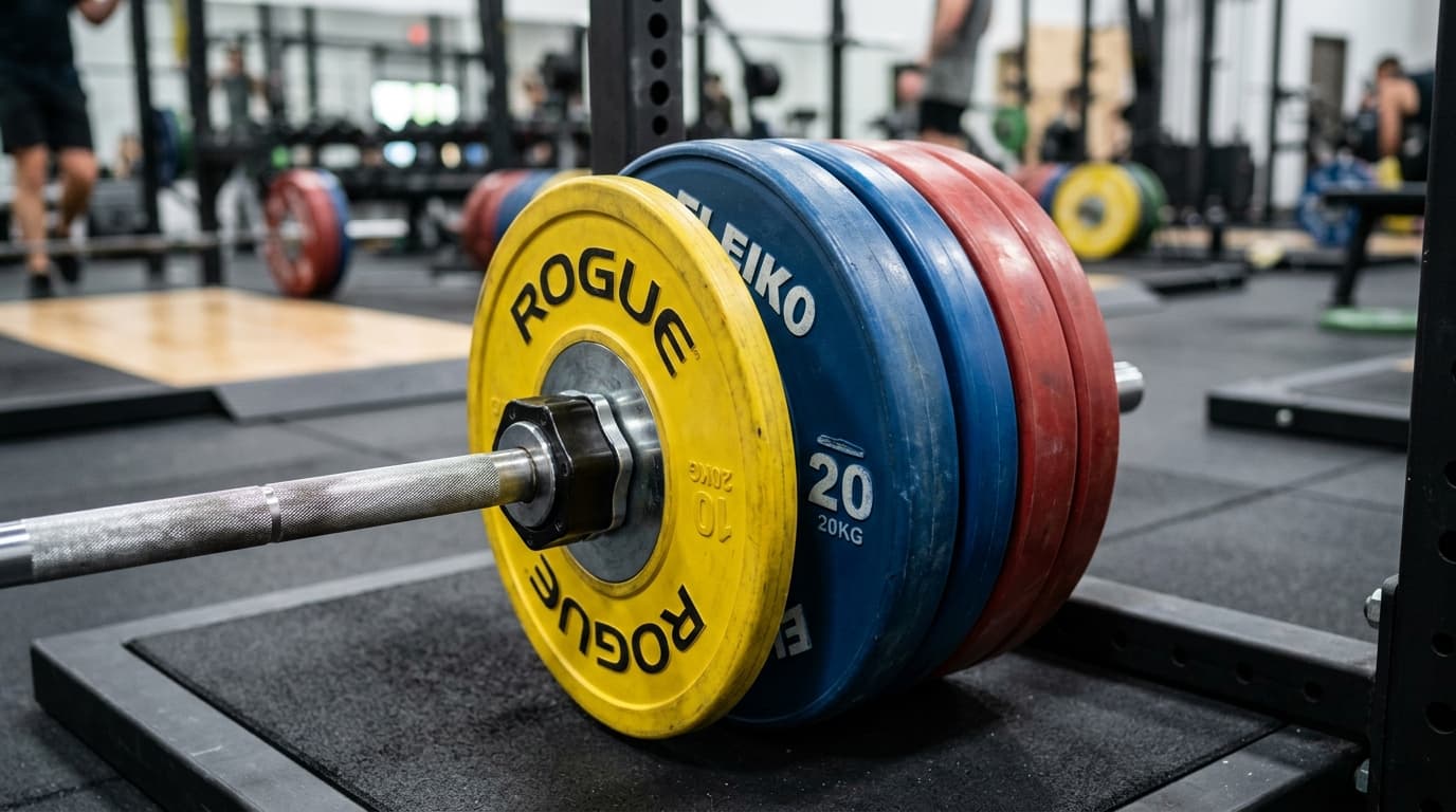 Close-up of Olympic barbell sleeve loaded with color-coded bumper plates and collar