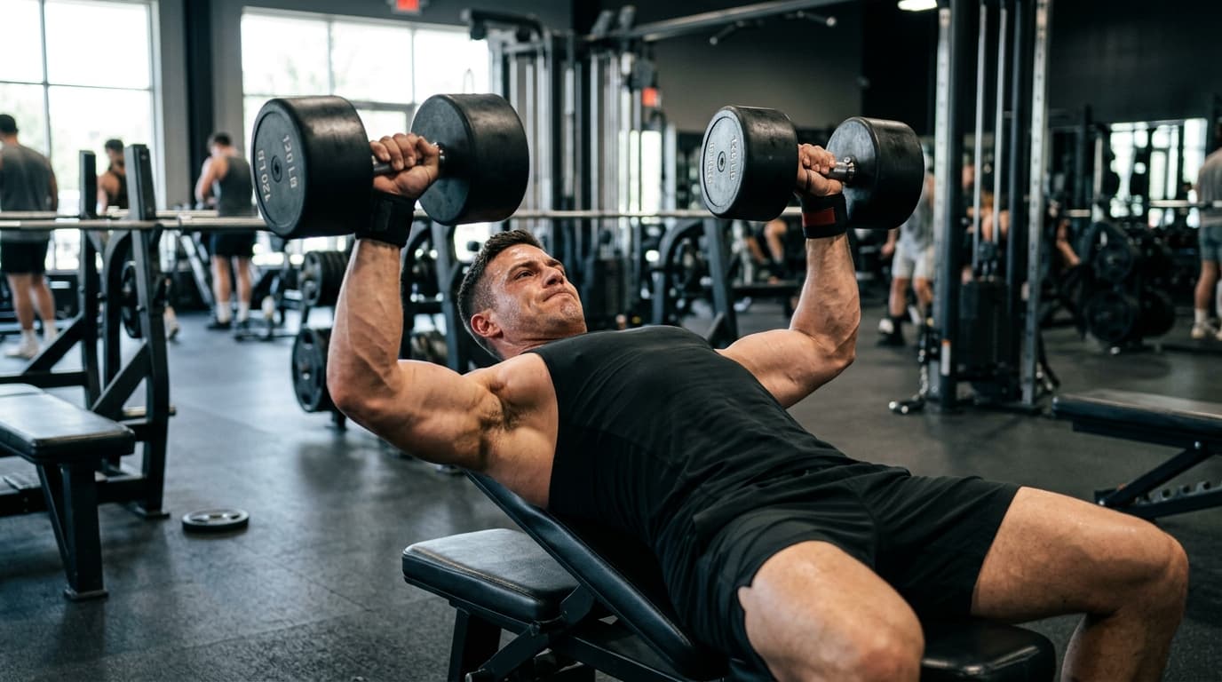 Lifter pressing heavy dumbbells on a flat workout bench with strict form