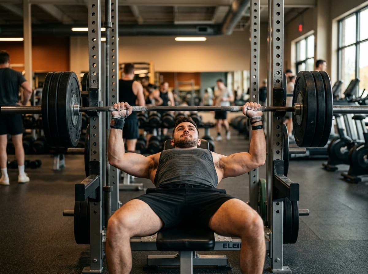 Athletic lifter performing a barbell bench press with proper form on a flat bench in a power rack