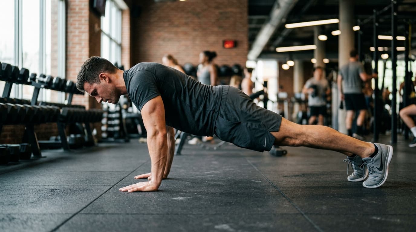 Athlete performing strict floor push-ups with perfect plank posture